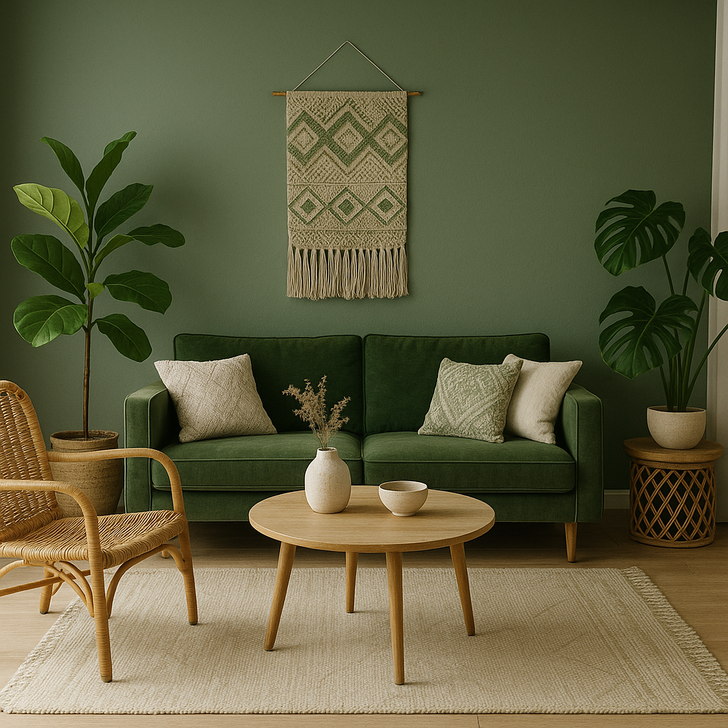 Emerald green velvet sofa with rattan accents and lush indoor plants in a cozy boho living room, inspiration for green home décor ideas.