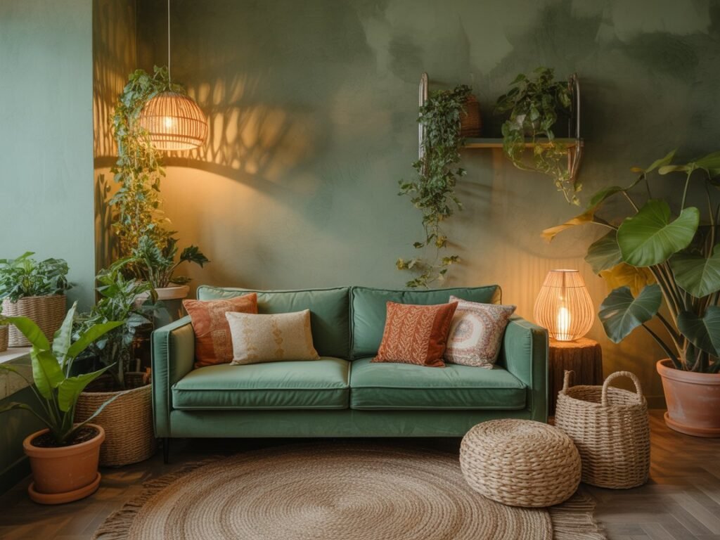 Emerald green velvet sofa with rattan accents and lush indoor plants in a cozy boho living room, inspiration for green home décor ideas.