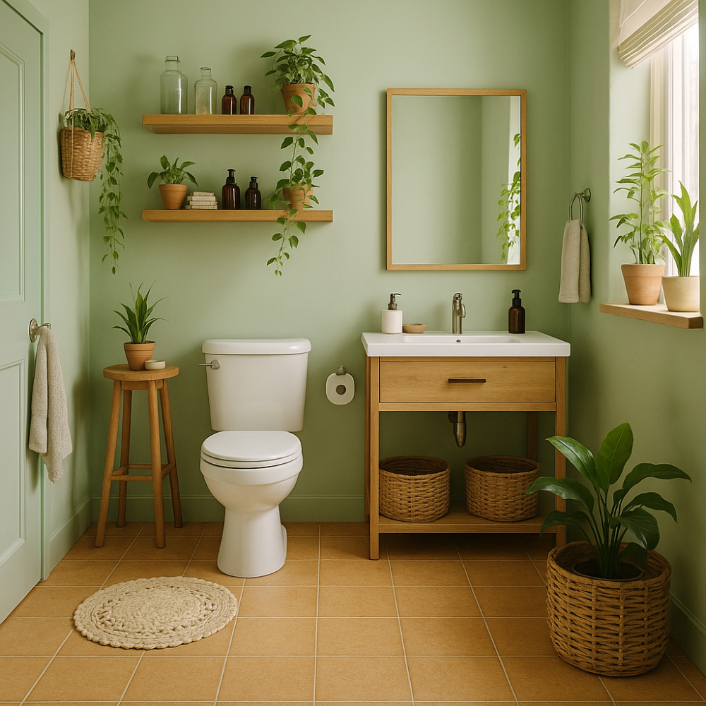 Small bathroom with mint green walls, wood shelving, woven baskets, and plants, showing fresh ways to use green in home décor.