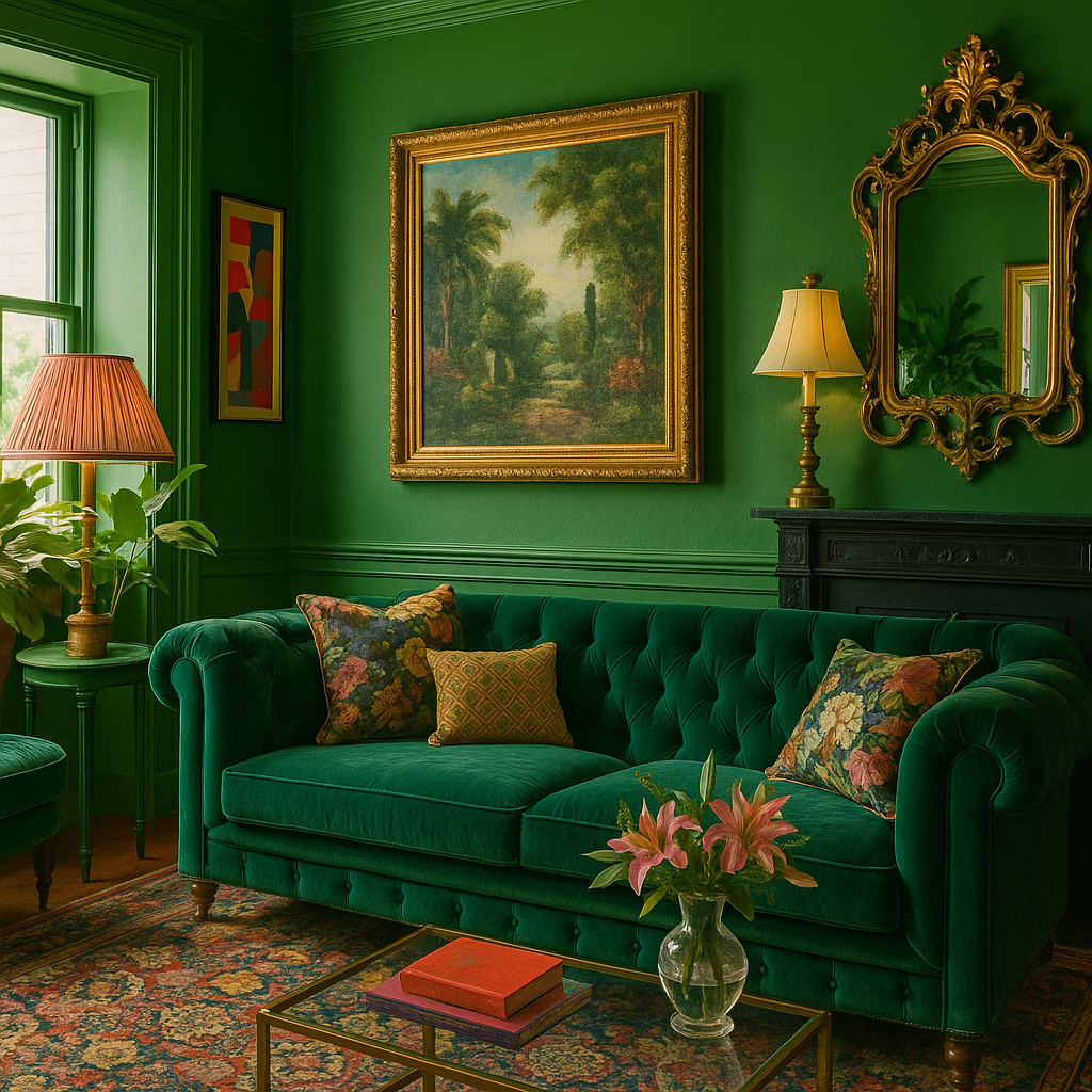 Bold green walls with patterned pillows and gold accents in a vibrant maximalist living room, showing how to use green in a bold home décor style.