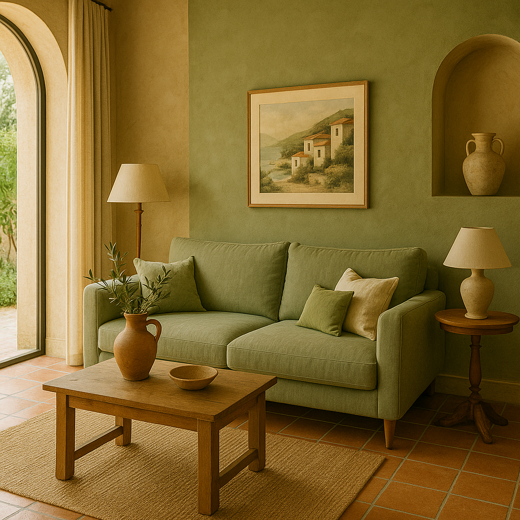 Olive green linen sofa and terracotta floor in a Mediterranean-style living room, showing how to use green in home décor for a relaxed, sun-washed look.