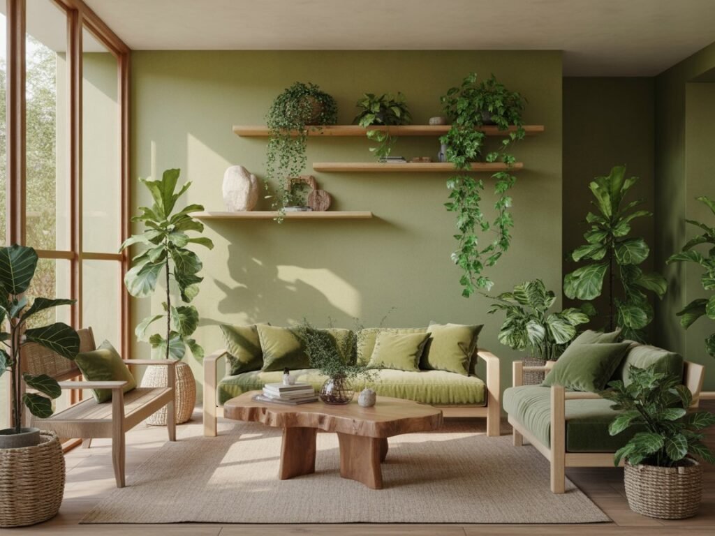 Living room filled with indoor plants and layered green tones, highlighting natural materials and biophilic interior design inspiration.