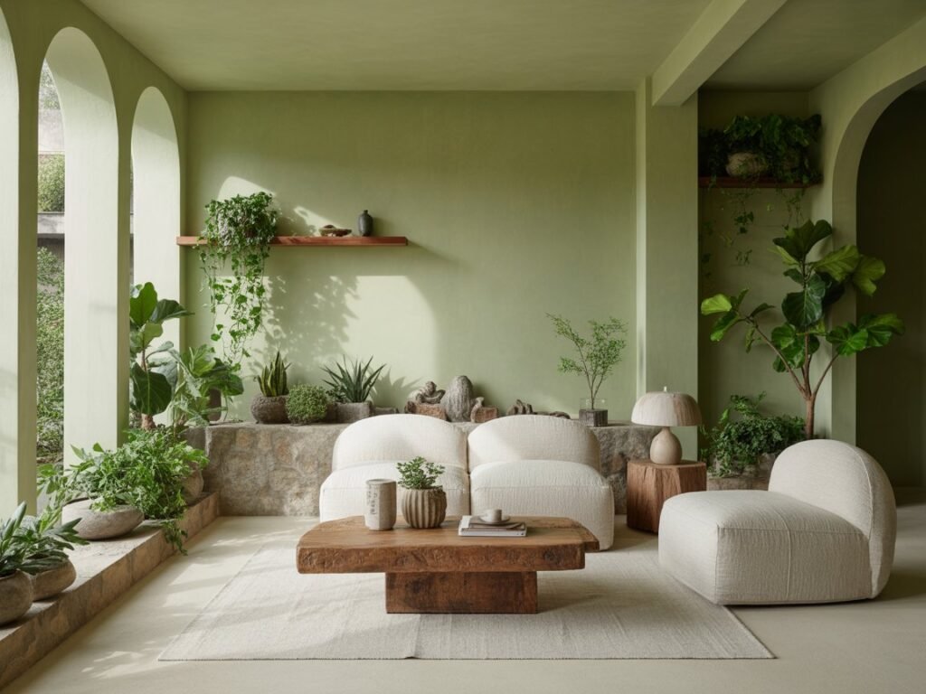 Living room filled with indoor plants and layered green tones, highlighting natural materials and biophilic interior design inspiration.