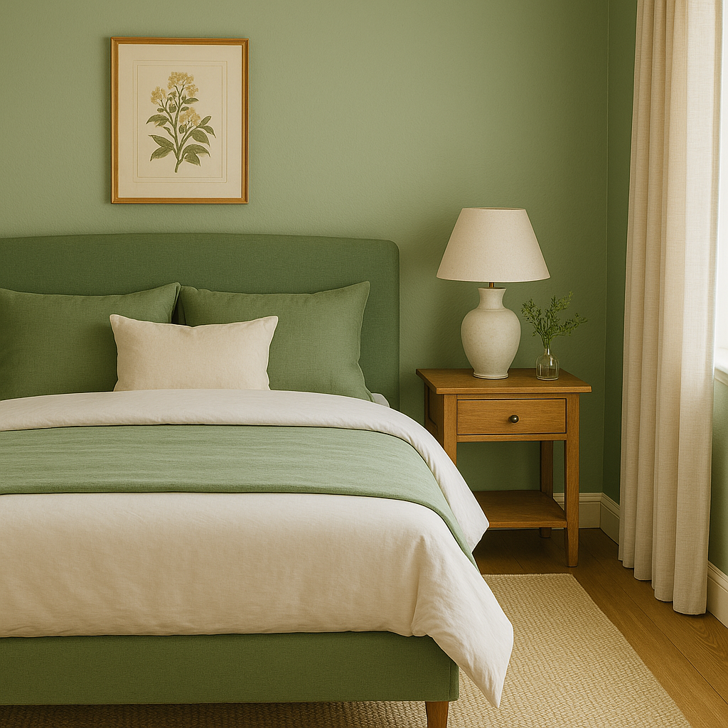 Bedroom with soft sage green walls, neutral linen bedding, and warm wood accents, an example of how to use green for a calm and timeless home décor style.