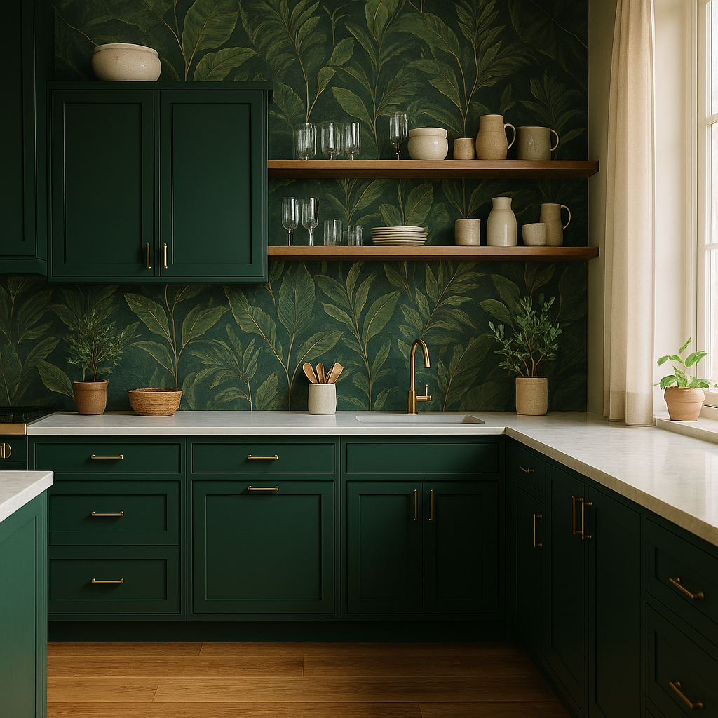 Kitchen with deep forest-green cabinets and botanical wallpaper, blending modern and vintage design inspiration for green interiors.