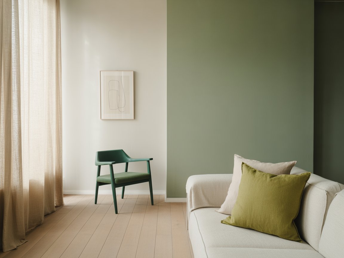 Sage green accent wall in a minimalist Scandinavian living room with light oak furniture and neutral textures, illustrating how to use green in every home décor style.