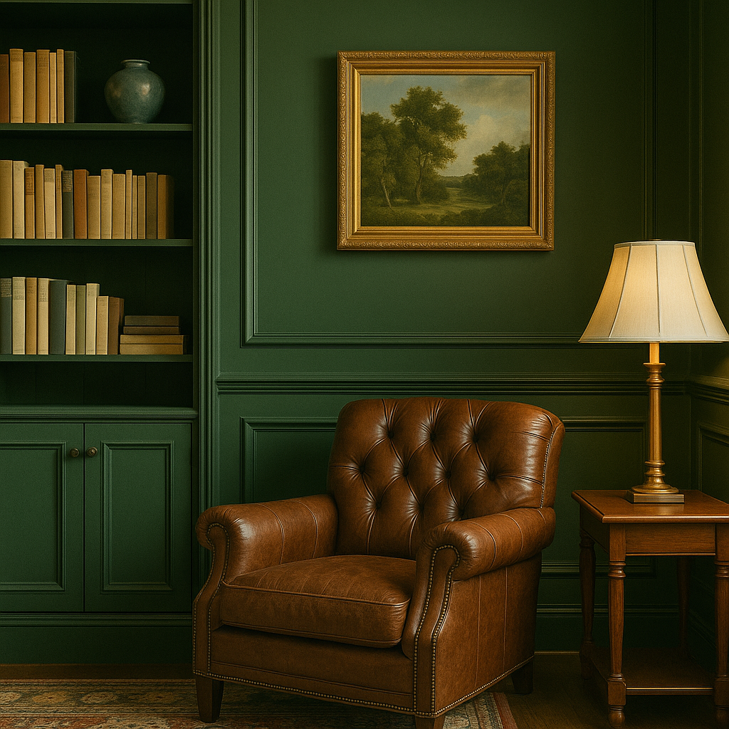 Classic dark green walls with brass lamp and dark wood furniture, demonstrating emerald green interiors and timeless home décor styling.