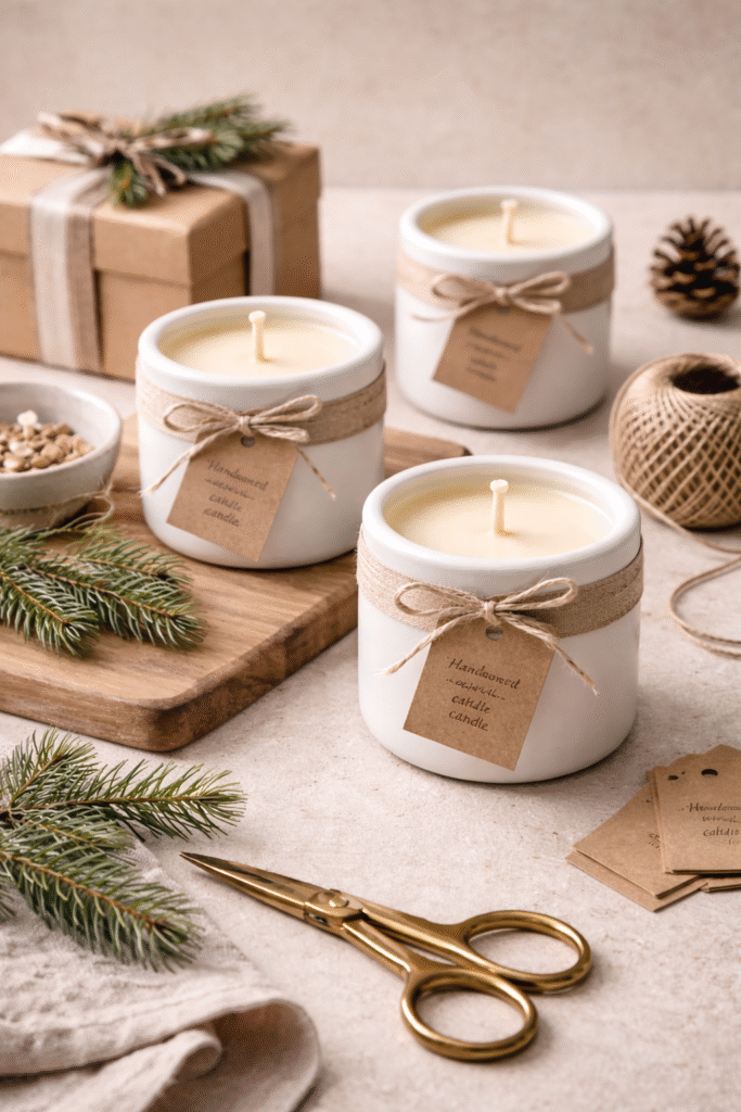 Winter candles DIY styled as simple hostess gifts with neutral jars and linen ribbon