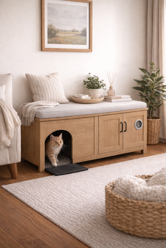 Hidden cat litter box cabinet in neutral living room with built-in ventilation for multi-cat home