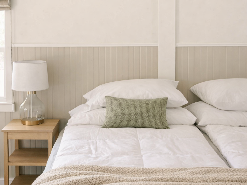 Two duvets on one bed in a neutral European bedroom with white bedding, beige throw, and light wood nightstand for a simple couples sleep upgrade