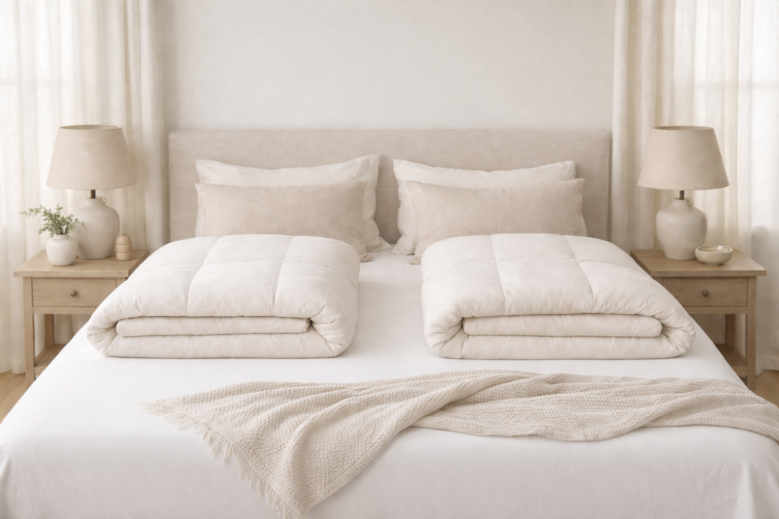 Two duvets on one bed styled in a calm European-inspired bedroom with matching neutral duvet covers for couples who want better sleep