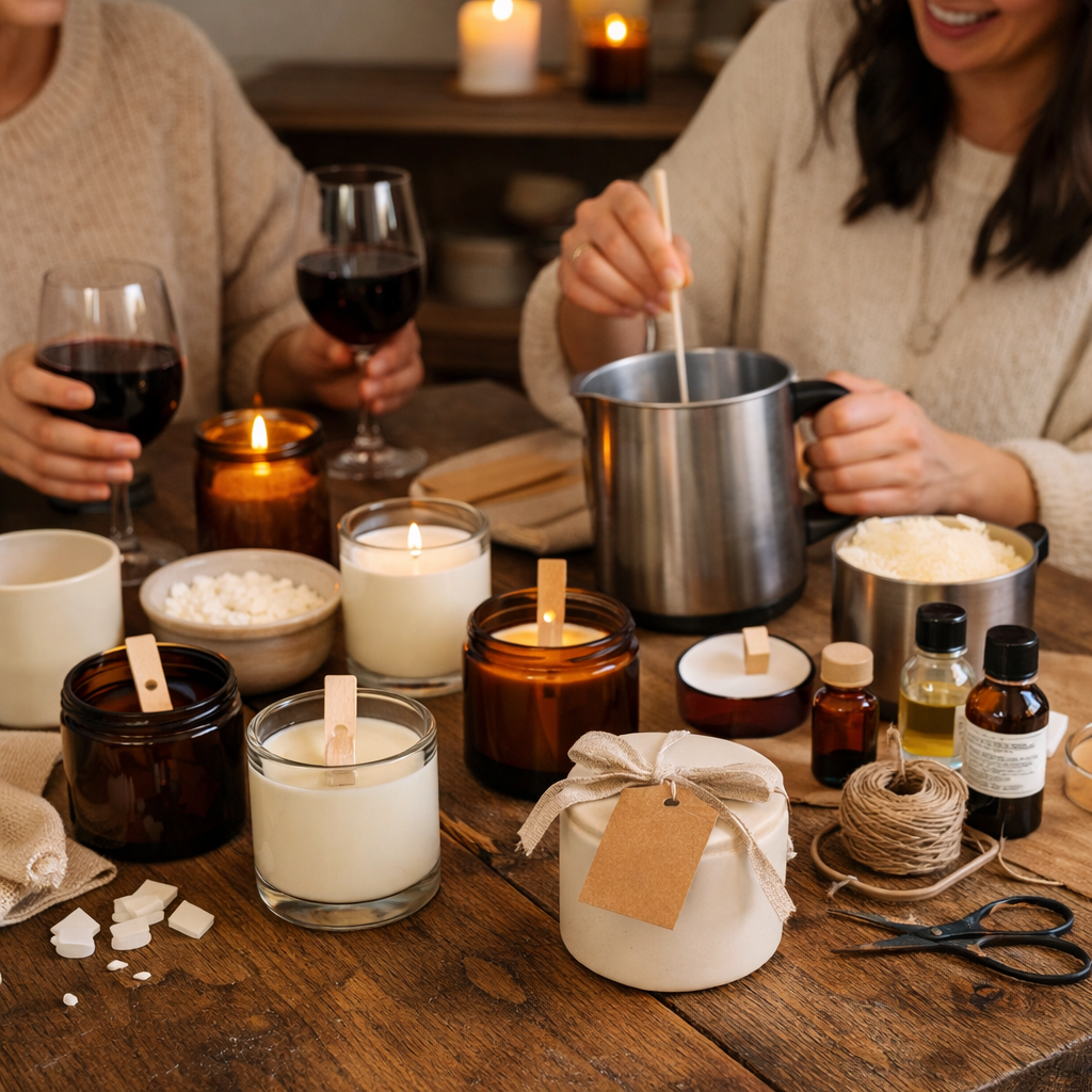 Winter candles DIY candle making night with friends, wine, and minimalist candle supplies
