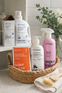 Attitude non-toxic cleaning products styled in a neutral kitchen setting, featuring laundry detergent, all-purpose cleaner, hand soap, and shower gel for a non-toxic home and everyday non-toxic living.