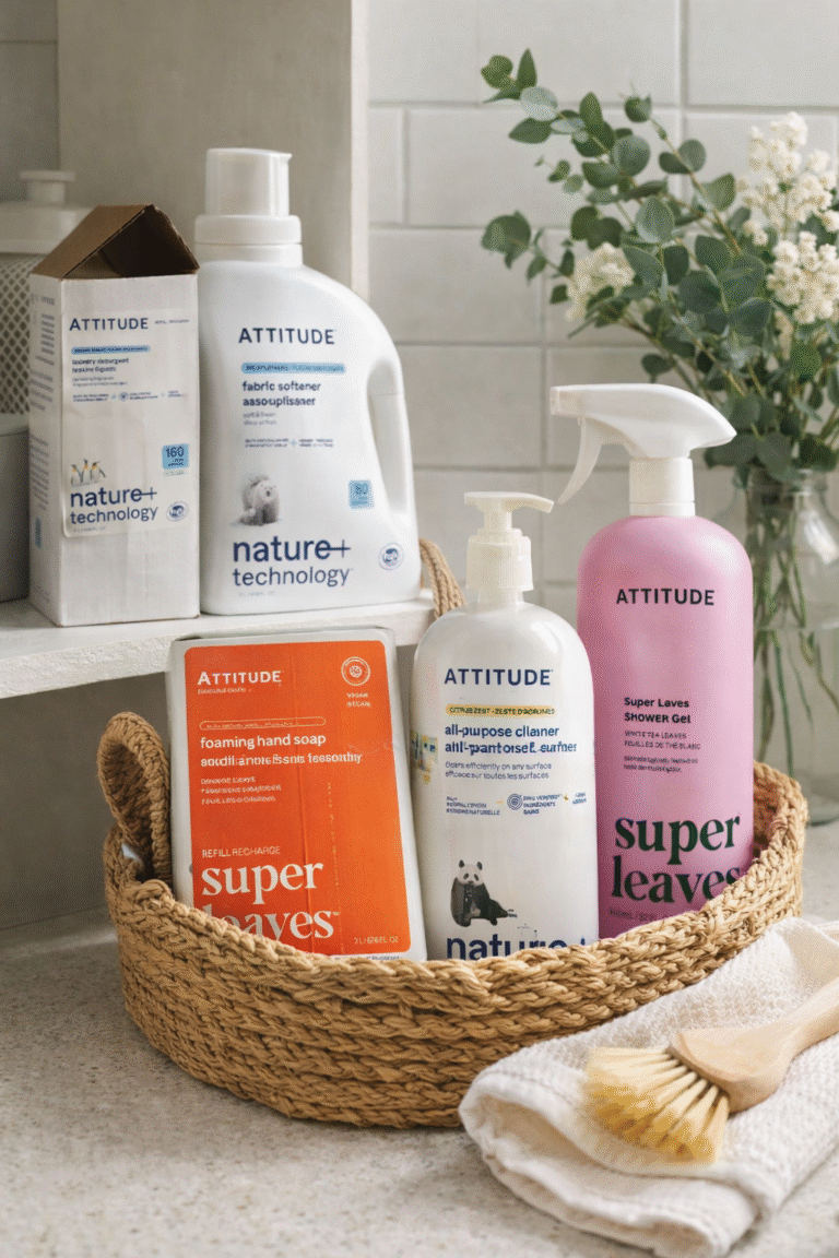 Attitude non-toxic cleaning products styled in a neutral kitchen setting, featuring laundry detergent, all-purpose cleaner, hand soap, and shower gel for a non-toxic home and everyday non-toxic living.