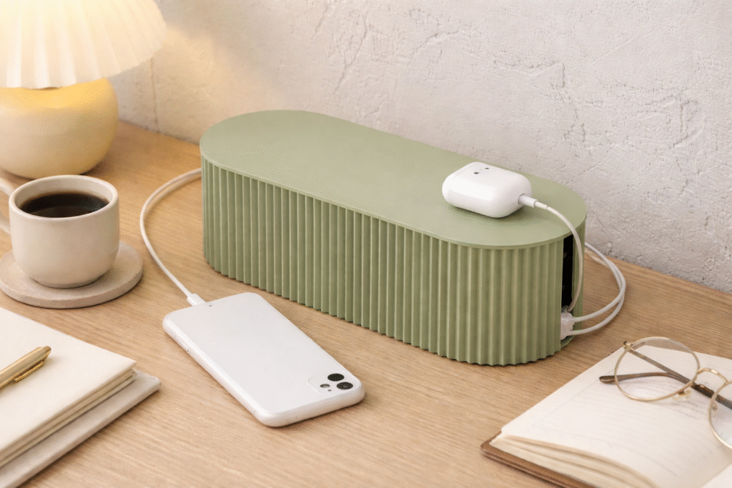 Calm home office desk with a cord organizing box hiding charging cables, creating a clutter-free workspace with neatly managed phone and desk cords using small Amazon cable management finds.