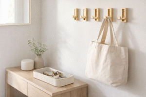 Minimalist entryway organization using small Amazon finds including foldable wall hooks and a neutral catch-all tray to reduce visual clutter and organize everyday essentials like keys, bags, and sunglasses.