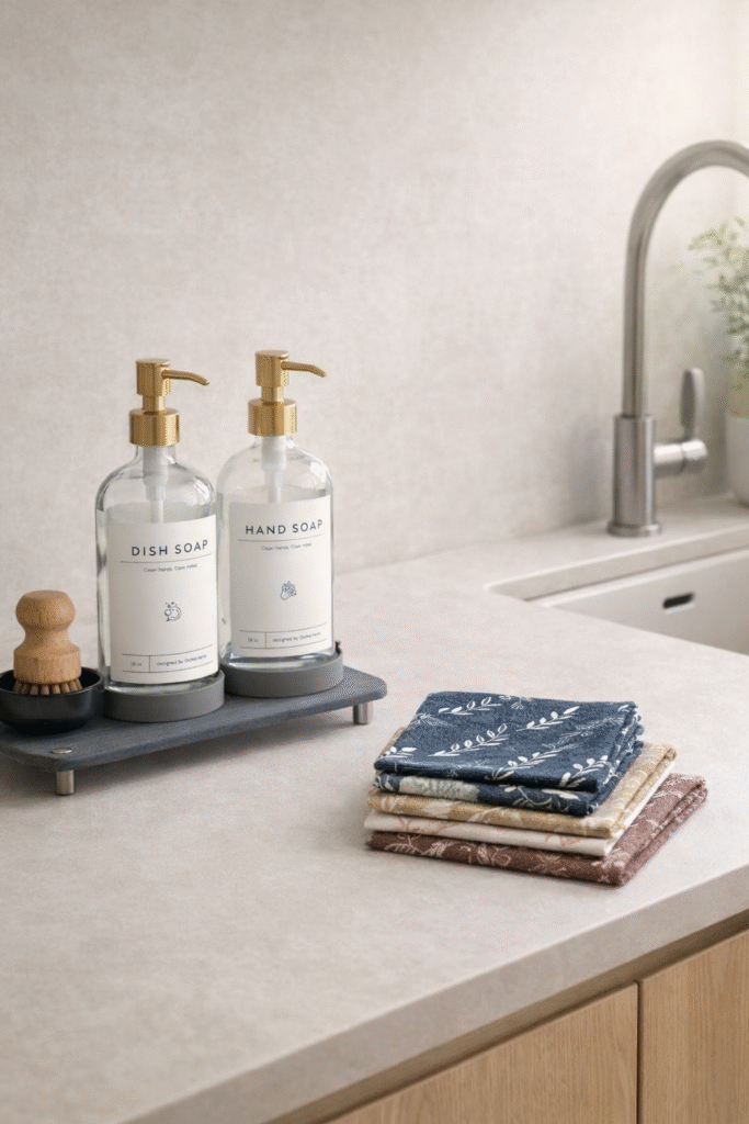 Minimal kitchen counter organization using small Amazon finds including refillable glass soap dispensers and reusable Swedish dishcloths to reduce visual clutter and create a clean, minimalist sink area.