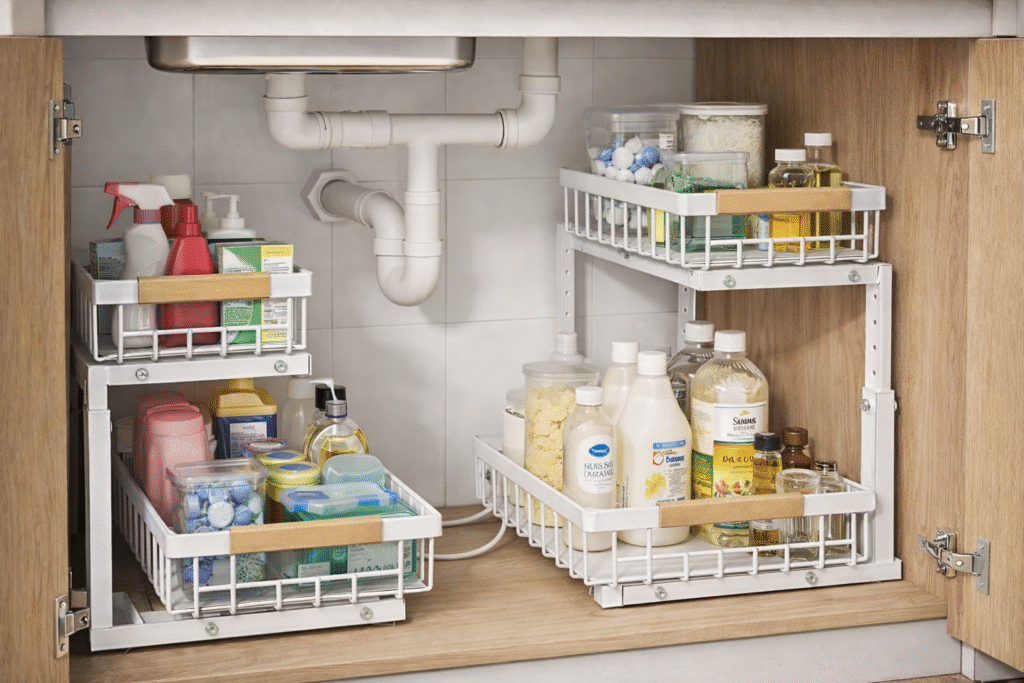 Under-sink cabinet organization using adjustable under-sink shelf organizers to neatly store cleaning supplies, detergents, and household essentials around plumbing, creating a clutter-free and functional storage space.