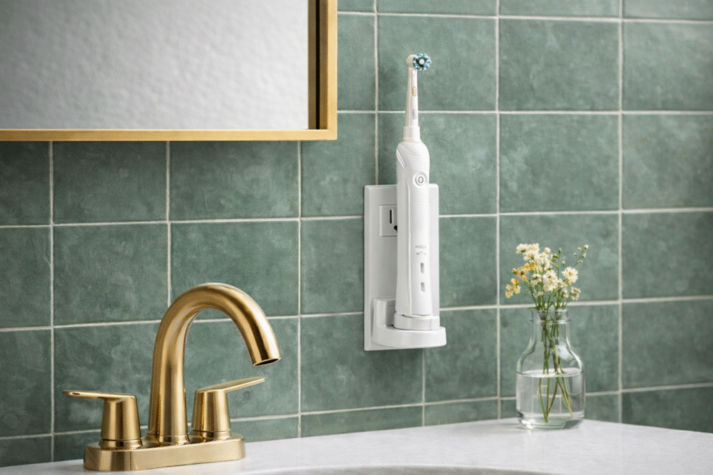 Wall-mounted electric toothbrush charger holding a white electric toothbrush above a bathroom counter with green tile backsplash, gold faucet, and minimal decor for a clean, clutter-free bathroom setup.